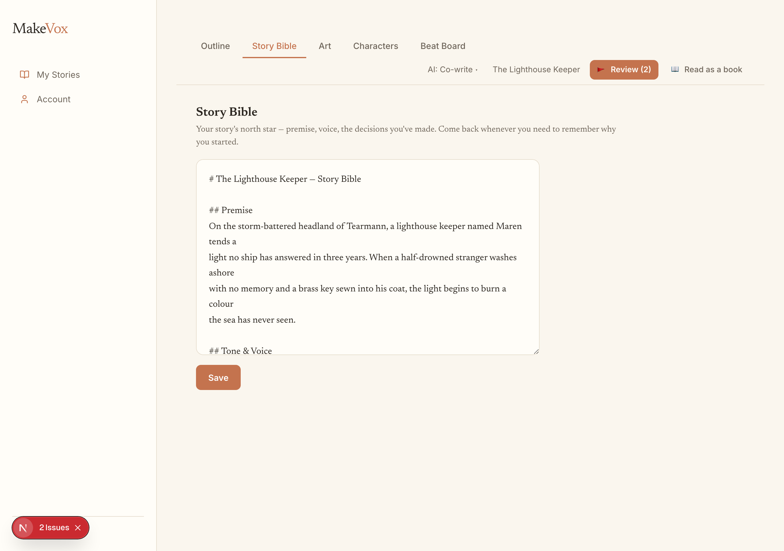 The character bible editor with character entries