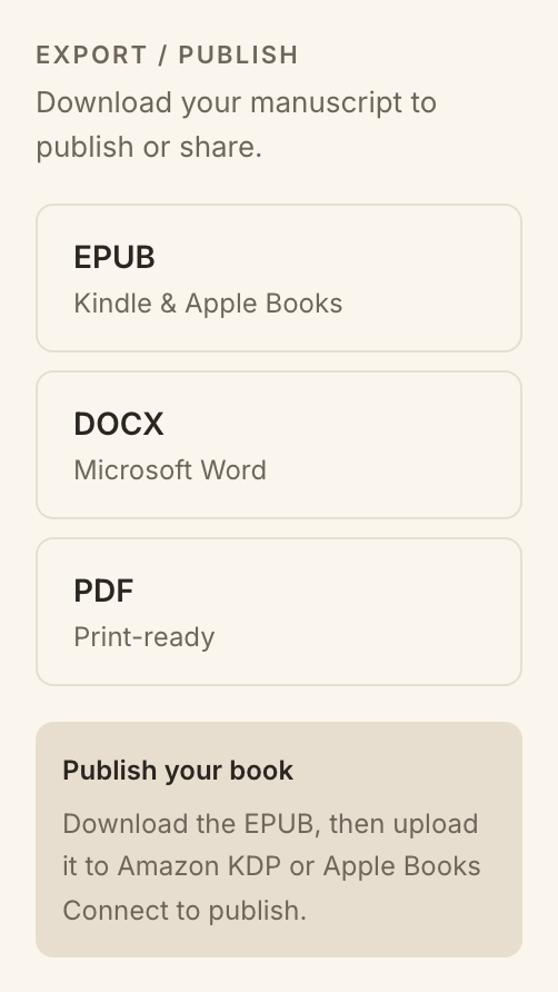 The export panel with EPUB, DOCX, and PDF options