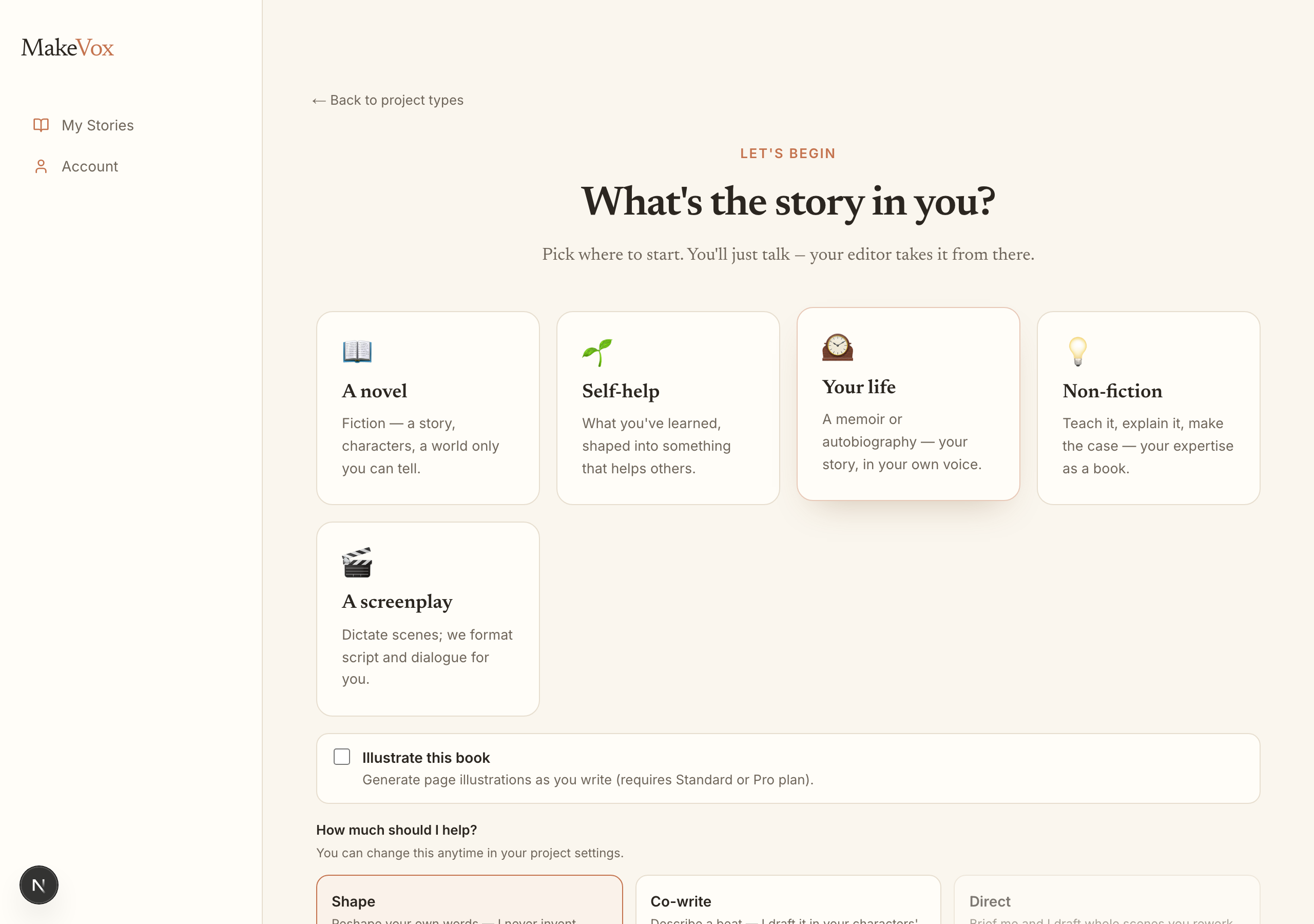 MakeVox onboarding screen showing project type cards