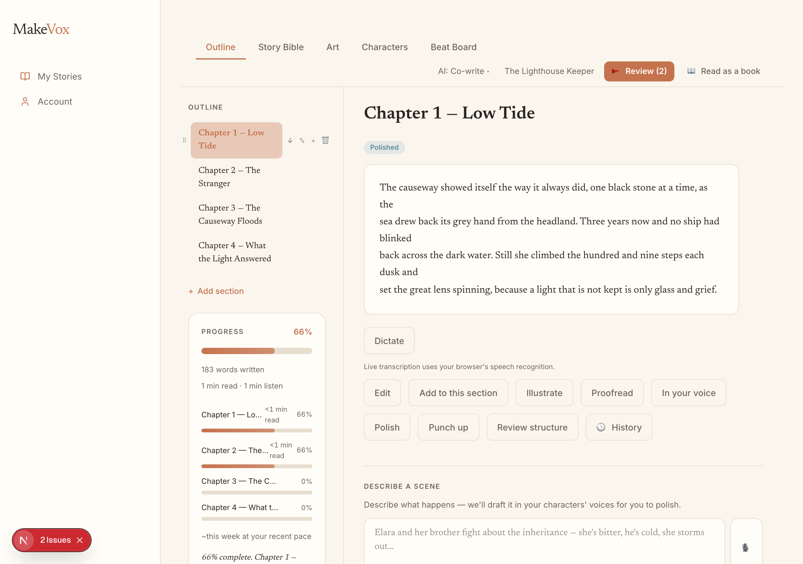 The MakeVox workspace with outline, editor, and word count