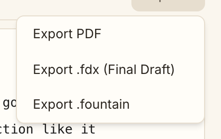 The Export menu with PDF, .fdx, and Fountain options
