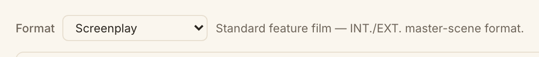 The Format control at the top of the screenplay editor, with the five formats