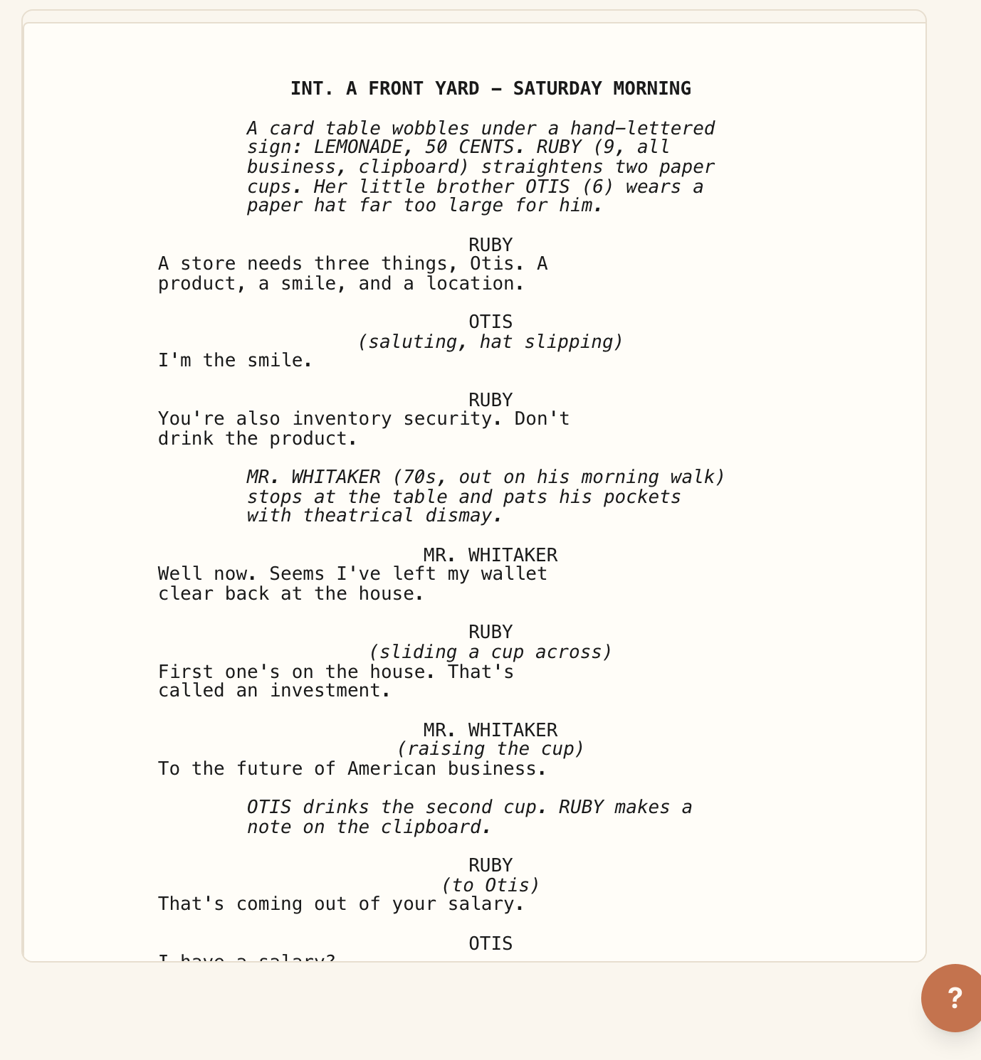 A stage-play script page in theatrical layout: centered cues, full-width dialogue, italic stage directions