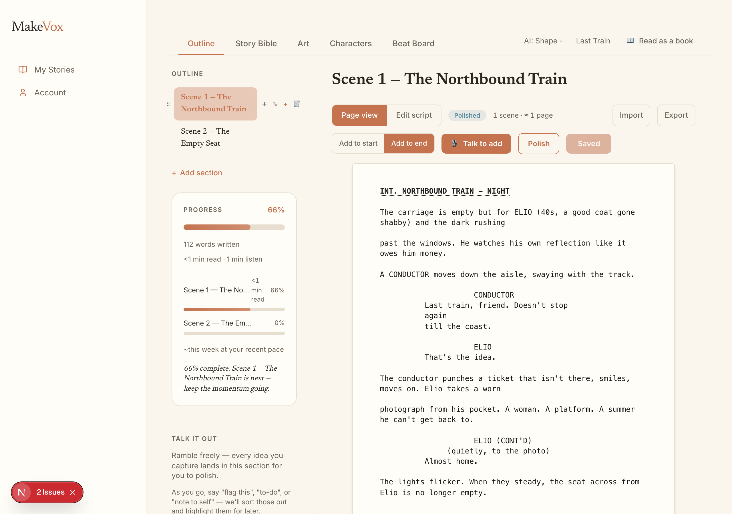 The screenplay workspace showing formatted scenes